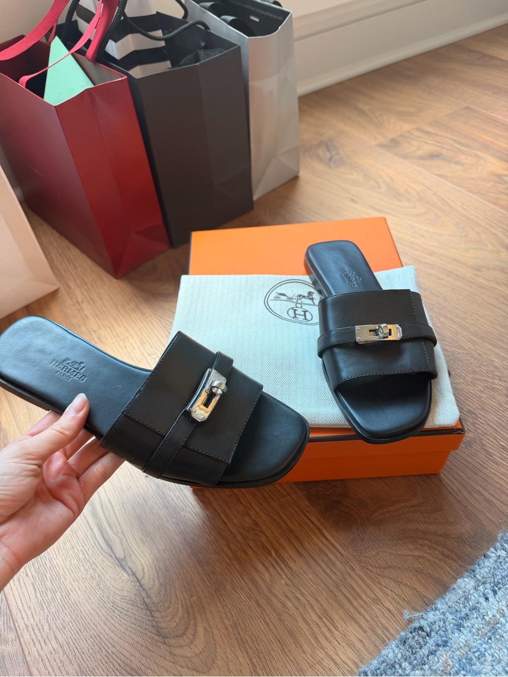 Hermes Black Leather Slide Sandals with Silver Buckle size 37